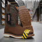 Patron Men’s Cowboy Work Boots, Nubuck with Steel Toe and Embroidered Shaft, Square Steel Toe - Moka Brown