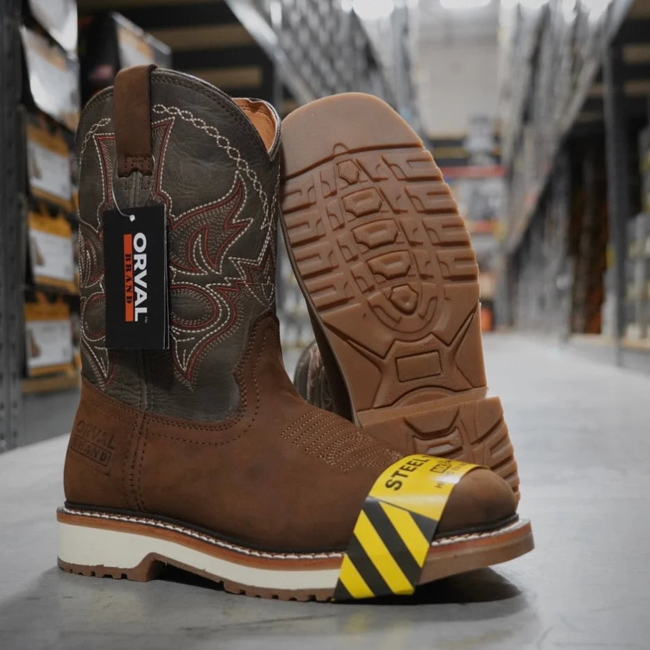 Patron Men’s Cowboy Work Boots, Nubuck with Steel Toe and Embroidered Shaft, Square Steel Toe - Moka Brown