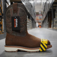 Patron Men’s Cowboy Work Boots, Nubuck with Steel Toe and Embroidered Shaft, Square Steel Toe - Moka Brown