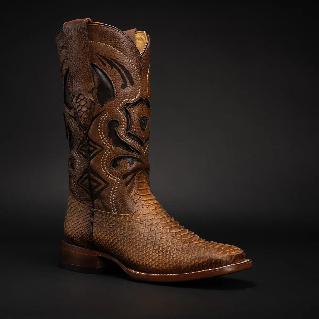 Men’s Rodeo Cartie Python Print Snakeskin Square Toe Boots - Honey