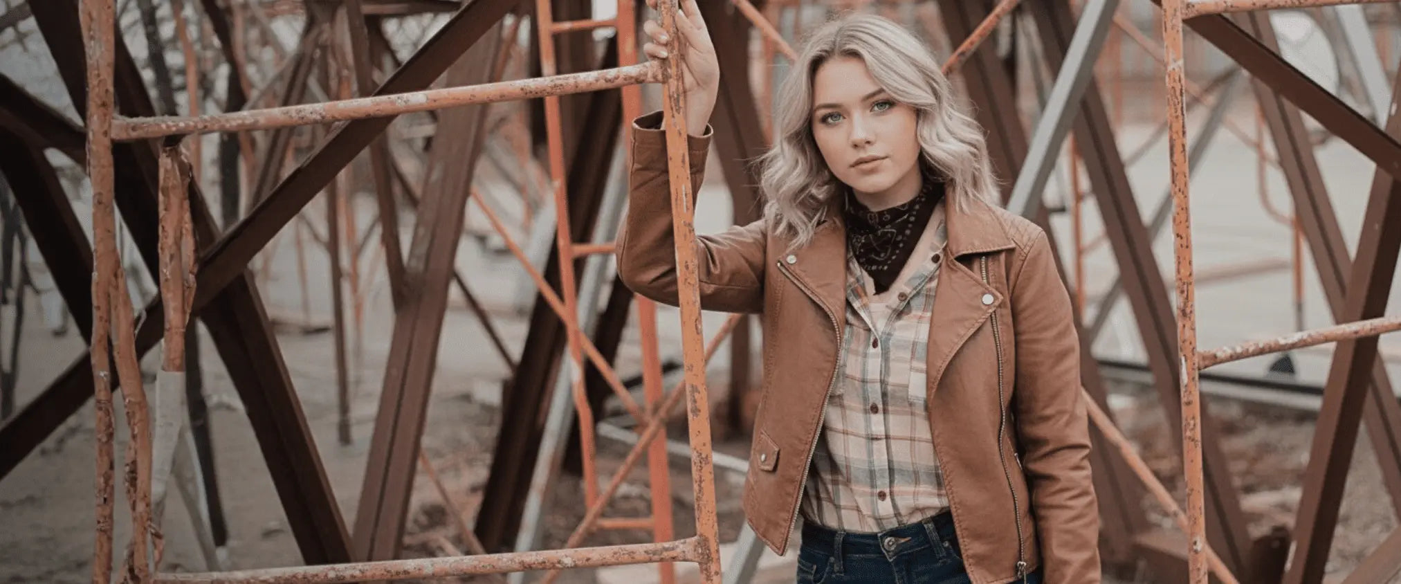 Woman in a brown jacket standing among rusted metal structures