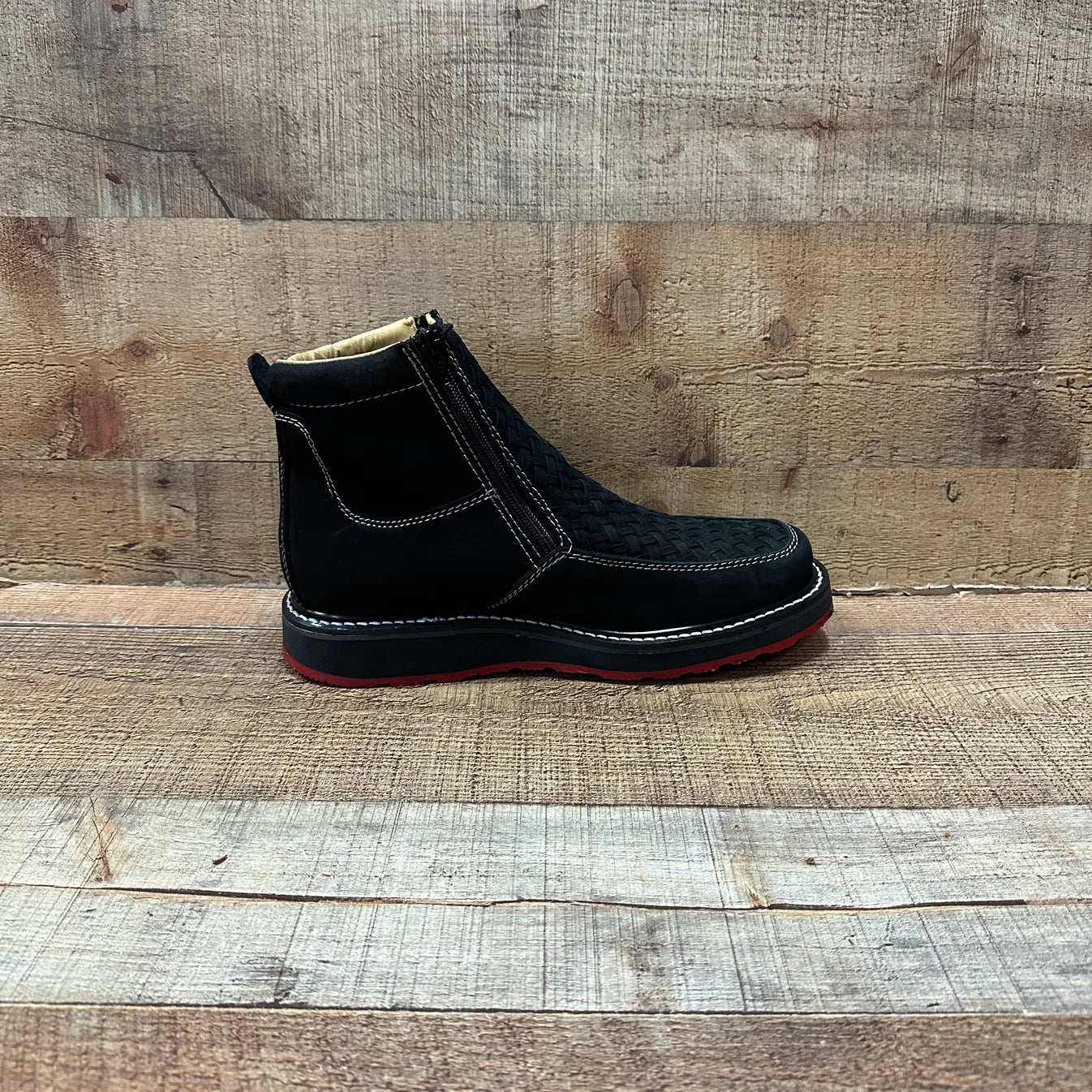 Men's Work Red/Blue Sole Zipper Handwoven Genuine Leather Oil/Water Resistant Est 334/444 Red