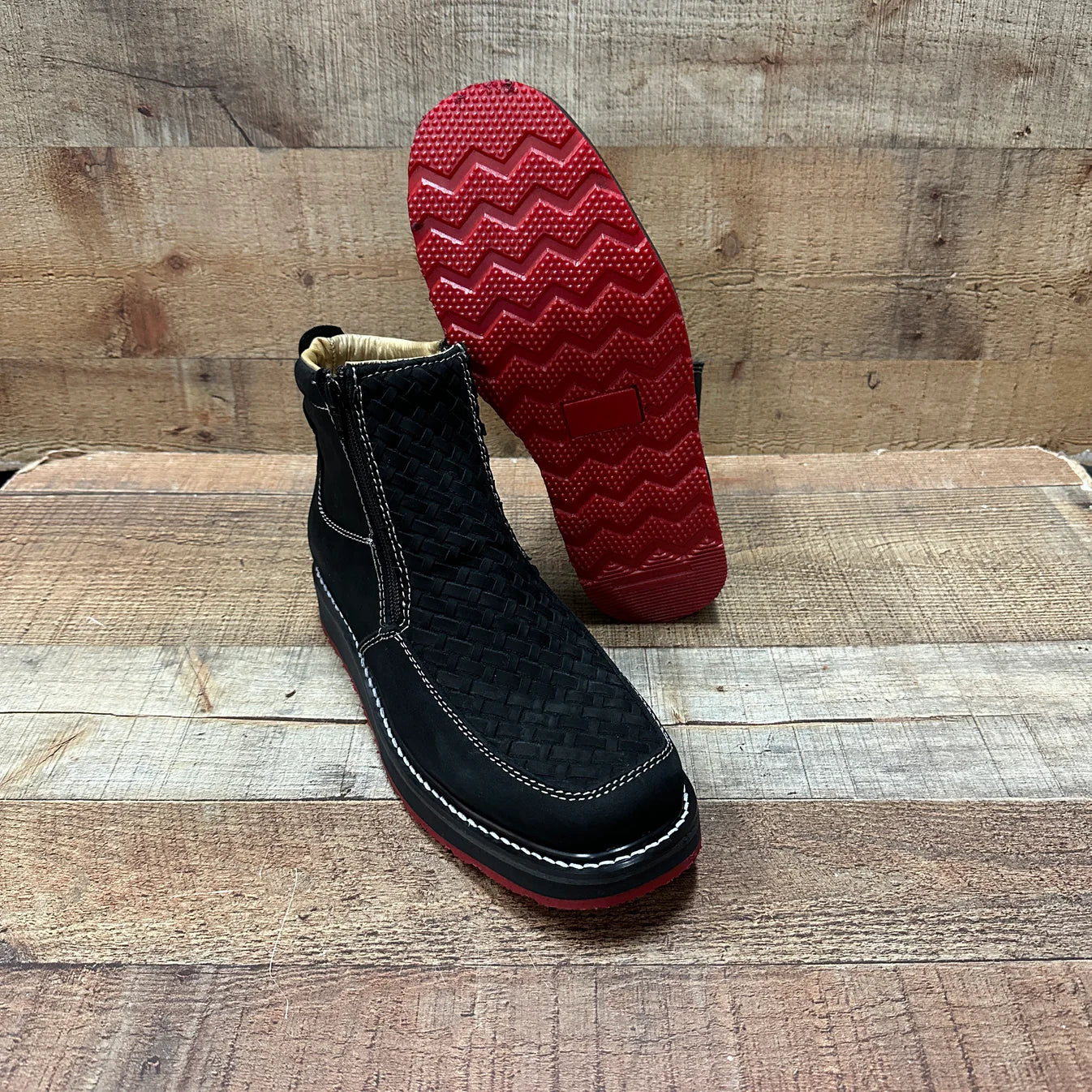 Men's Work Red/Blue Sole Zipper Handwoven Genuine Leather Oil/Water Resistant Est 334/444 Red