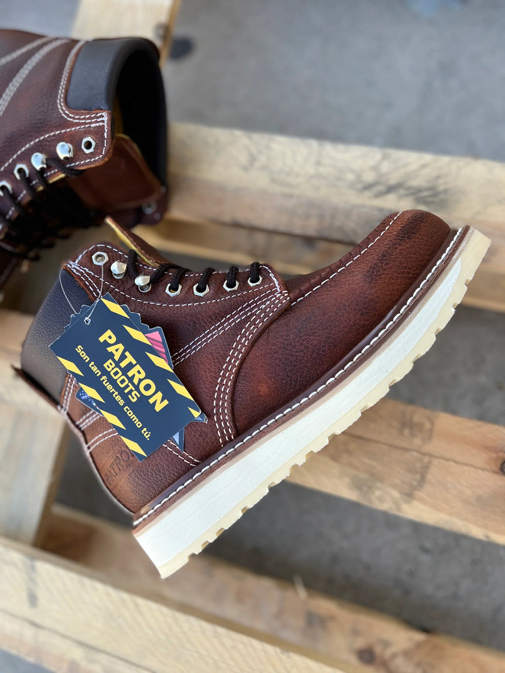 Patron Men’s Lace-Up Work Boots, Floater Leather with Wedge Sole, Moc Toe - Mahogany