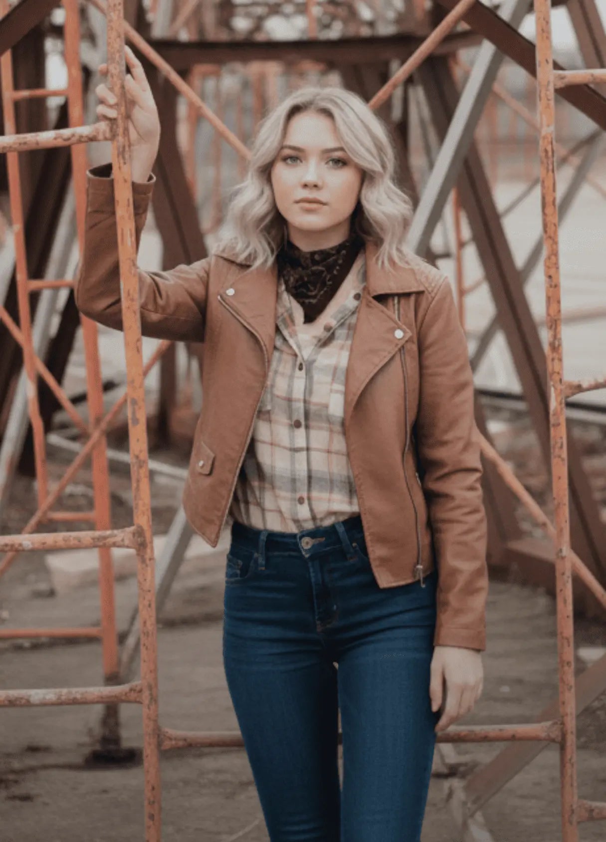 Woman in a brown jacket and blue jeans standing in front of rusted metal structures.