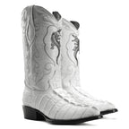 Stitched shaft detail on men’s winter white caiman print cowboy boots