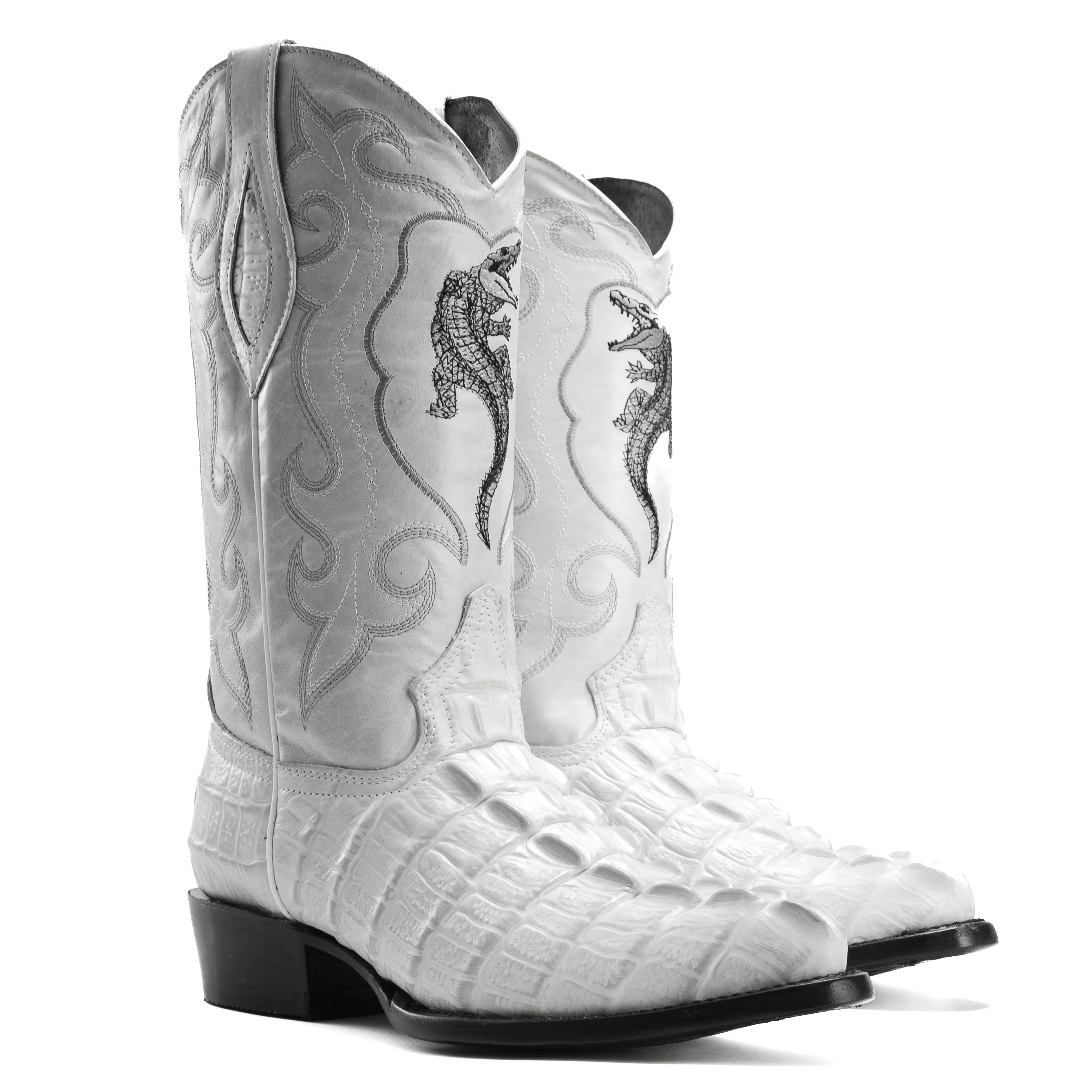 Stitched shaft detail on men’s winter white caiman print cowboy boots