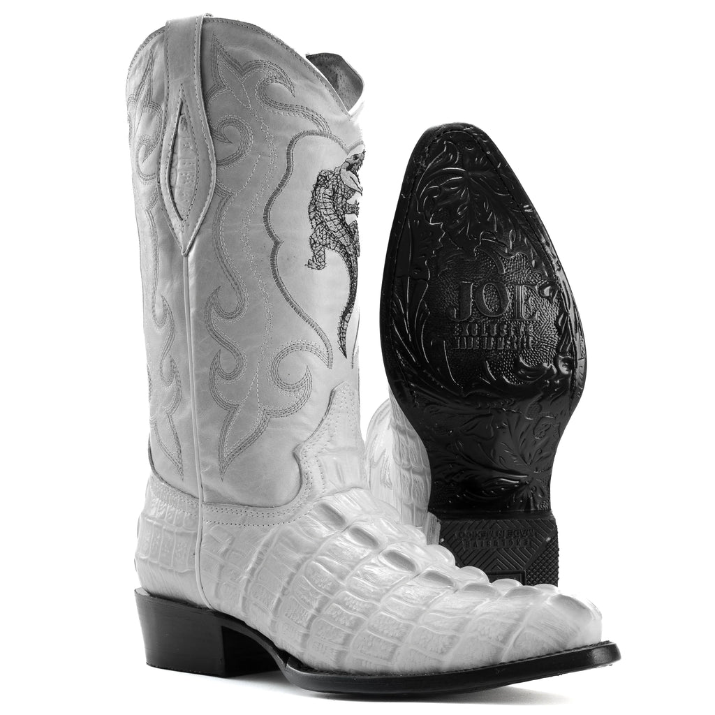 White cowboy boot with detailed design on a white background