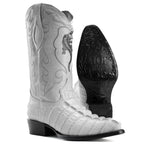 White cowboy boot with detailed design on a white background