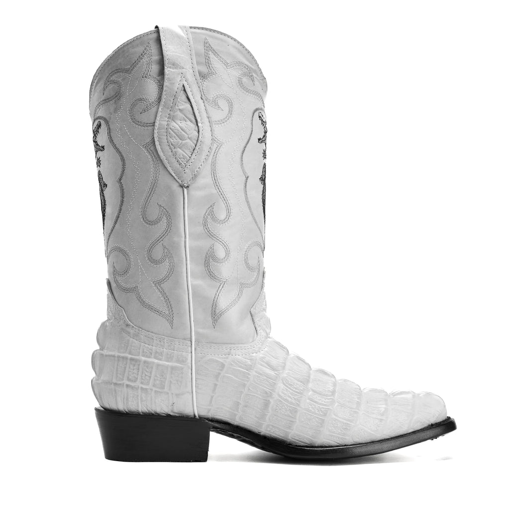 Side profile of men’s winter white caiman print cowboy boots with J-toe silhouette