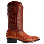 Detailed stitching on the shaft of men’s caiman print cowboy boots