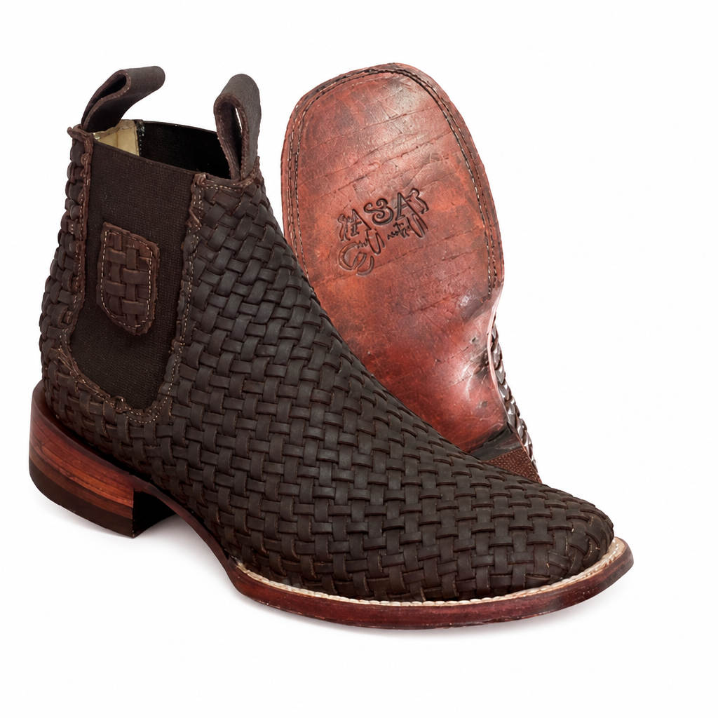 A&A Western Wear Men’s Hand-Woven Leather Square Toe Ankle Boots – Brown