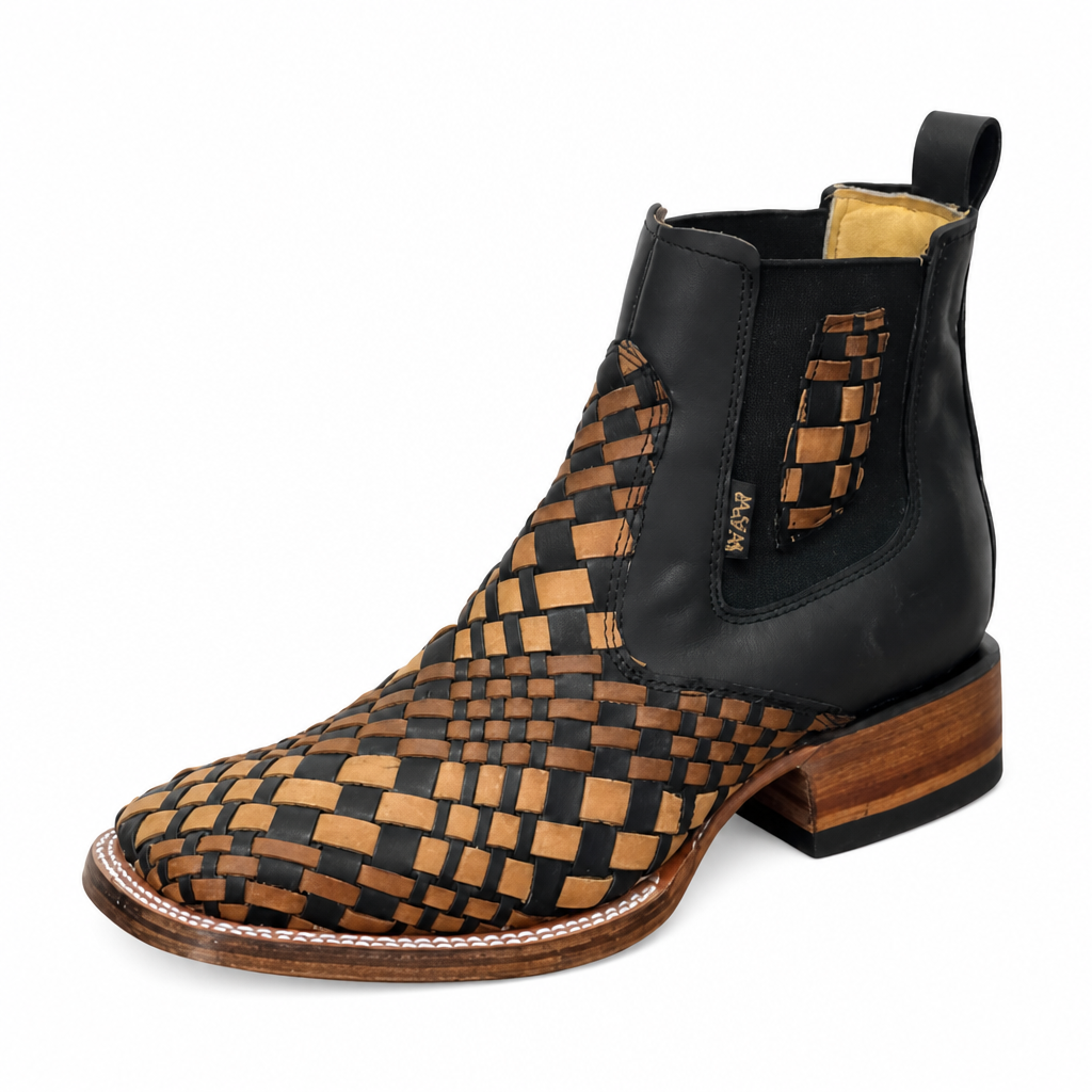 A&A Western Wear Men’s Hand-Woven Leather Square Toe Ankle Boots – Two-Tone