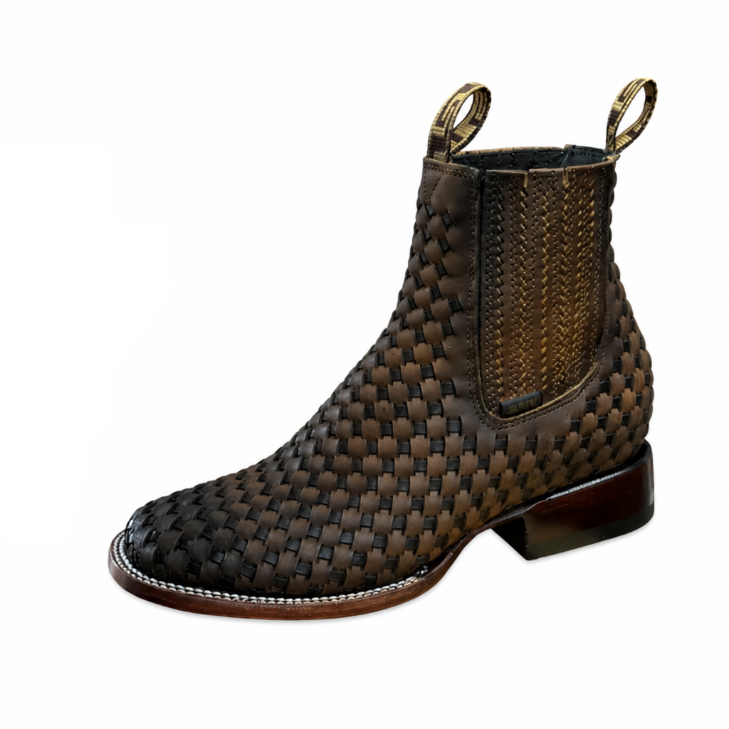 A&A Western Wear Men’s Hand-Woven Leather Square Toe Ankle Boots – Brown