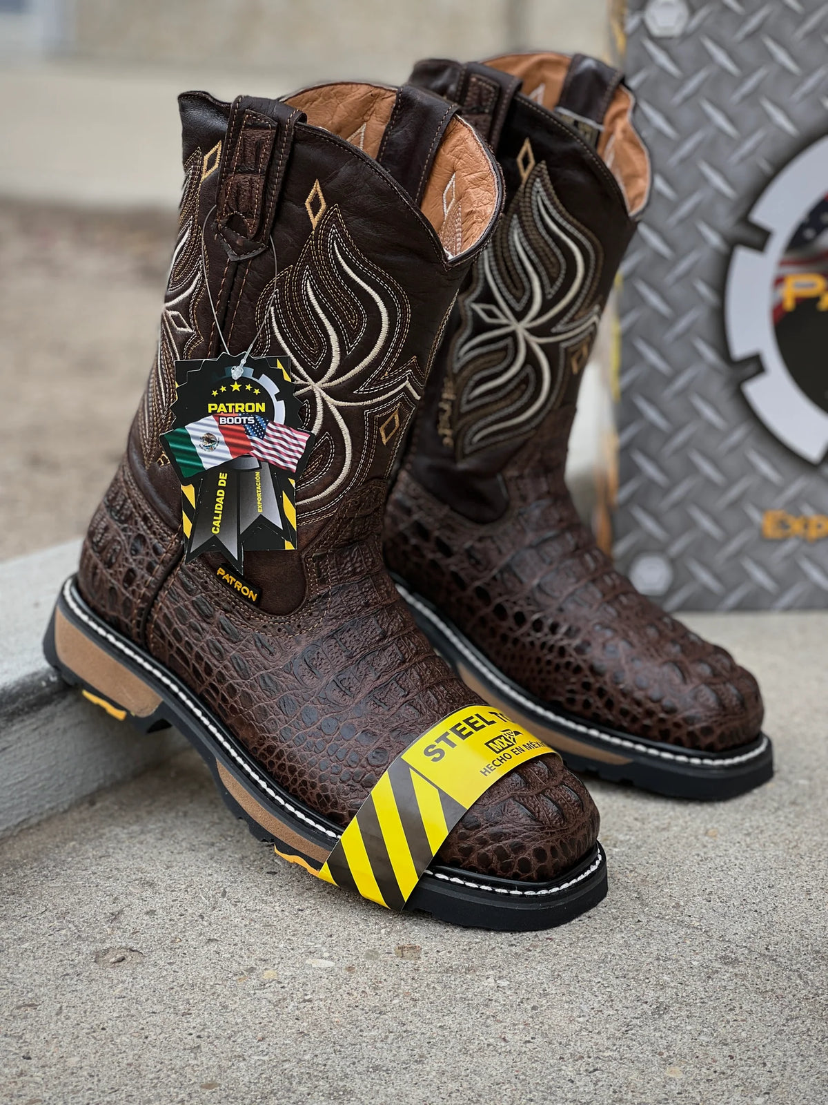 Patron Boots Caiman Print Square Toe Steel Toe Work Boots – Moka Brown
