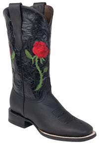 Women´s Silverton Rose All Leather Wide Square Toe Boots-Black