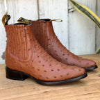 Men's Full Quill Ostrich Print J-Toe Short Ankle Western Cowboy Boots - Cognac