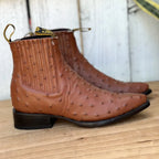 Men's Full Quill Ostrich Print J-Toe Short Ankle Western Cowboy Boots - Cognac