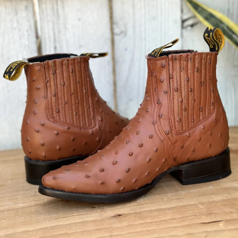 Men's Full Quill Ostrich Print J-Toe Short Ankle Western Cowboy Boots - Cognac