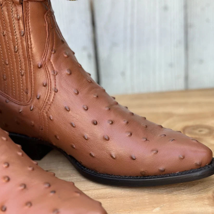 Men's Full Quill Ostrich Print J-Toe Short Ankle Western Cowboy Boots - Cognac
