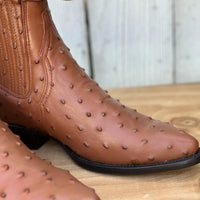 Men's Full Quill Ostrich Print J-Toe Short Ankle Western Cowboy Boots - Cognac