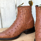 Men's Full Quill Ostrich Print J-Toe Short Ankle Western Cowboy Boots - Cognac