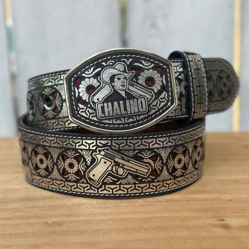 Laser Cut Leather Chalino Western Belt with Removable Buckle - Silver