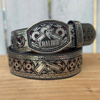 Laser Cut Leather Chalino Western Belt with Removable Buckle - Silver