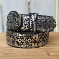 Laser Cut Leather Chalino Western Belt with Removable Buckle - Silver