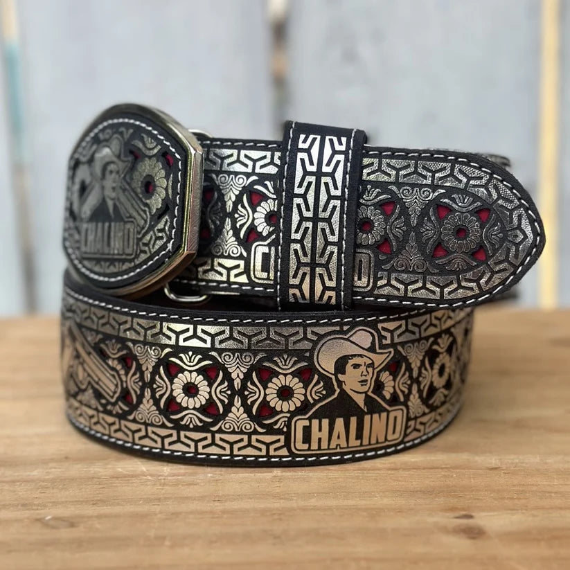 Laser Cut Leather Chalino Western Belt with Removable Buckle - Silver