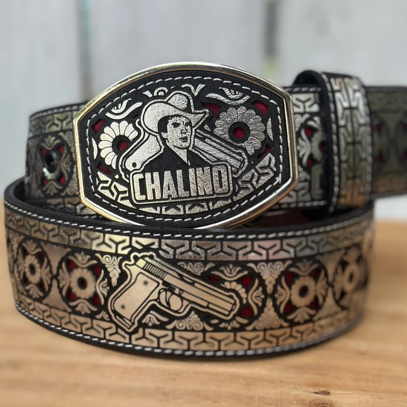 Laser Cut Leather Chalino Western Belt with Removable Buckle - Silver