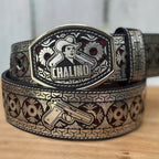 Laser Cut Leather Chalino Western Belt with Removable Buckle - Silver
