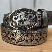 Laser Cut Leather Chalino Western Belt with Removable Buckle - Silver
