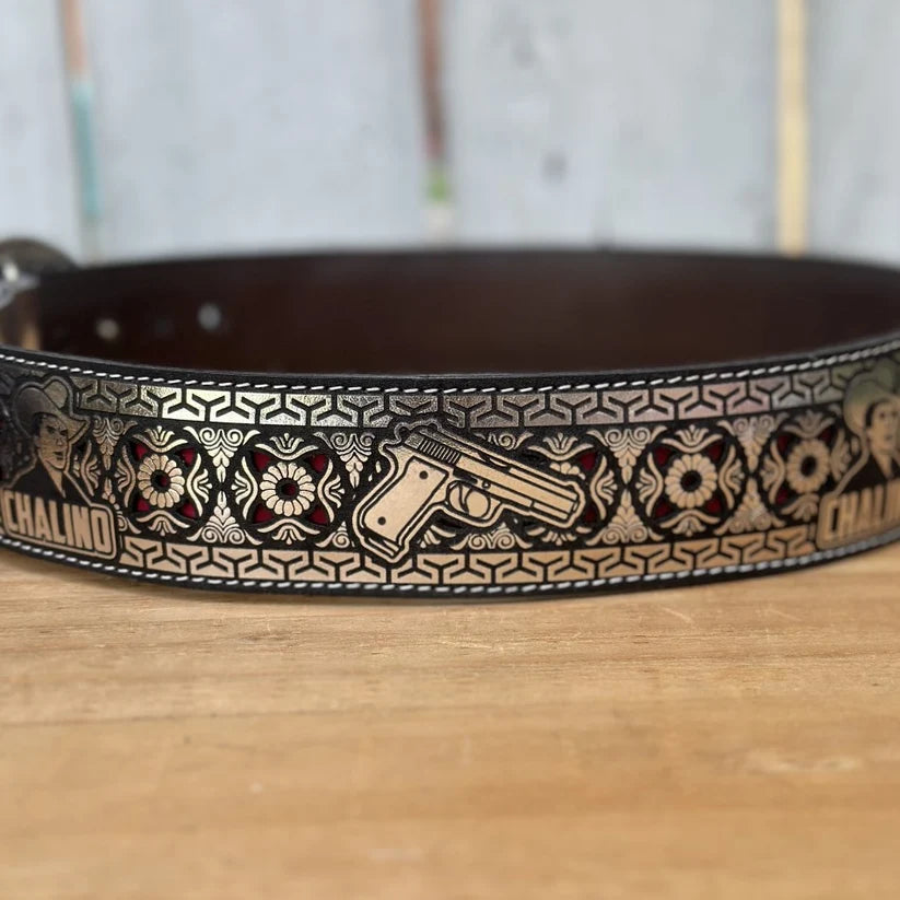Laser Cut Leather Chalino Western Belt with Removable Buckle - Silver