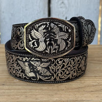 Laser Cut Leather Gallos Western Belt with Removable Buckle - Silver