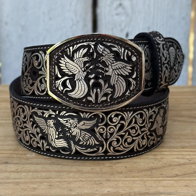 Laser Cut Leather Gallos Western Belt with Removable Buckle - Silver