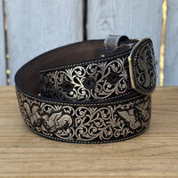 Laser Cut Leather Gallos Western Belt with Removable Buckle - Silver