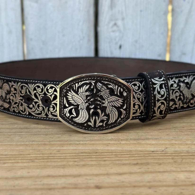 Laser Cut Leather Gallos Western Belt with Removable Buckle - Silver