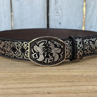 Laser Cut Leather Gallos Western Belt with Removable Buckle - Silver