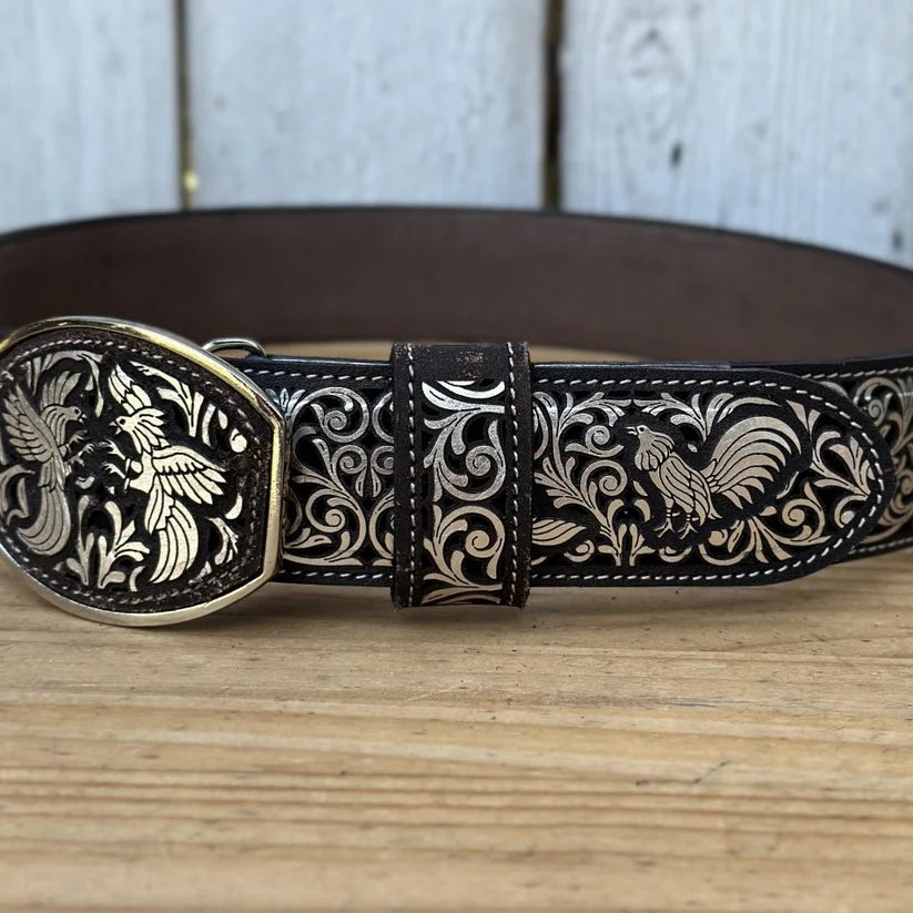 Laser Cut Leather Gallos Western Belt with Removable Buckle - Silver