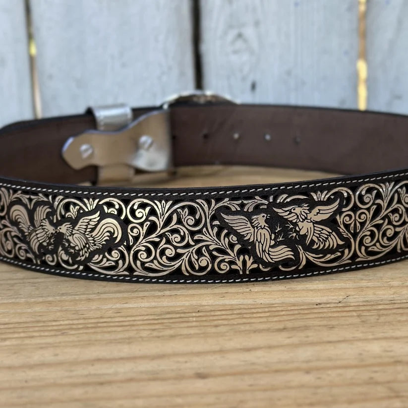 Laser Cut Leather Gallos Western Belt with Removable Buckle - Silver