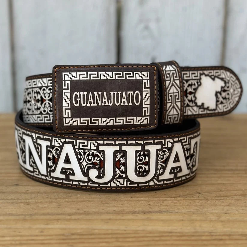 Laser Cut Leather Guanajuato Western Belt with Removable Buckle - Brown
