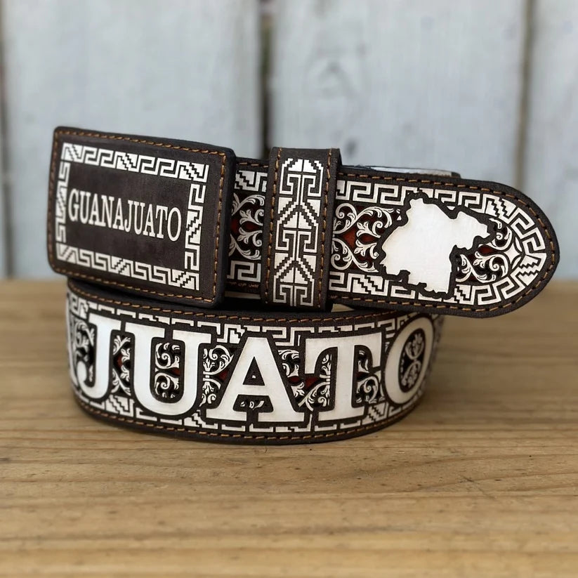 Laser Cut Leather Guanajuato Western Belt with Removable Buckle - Brown