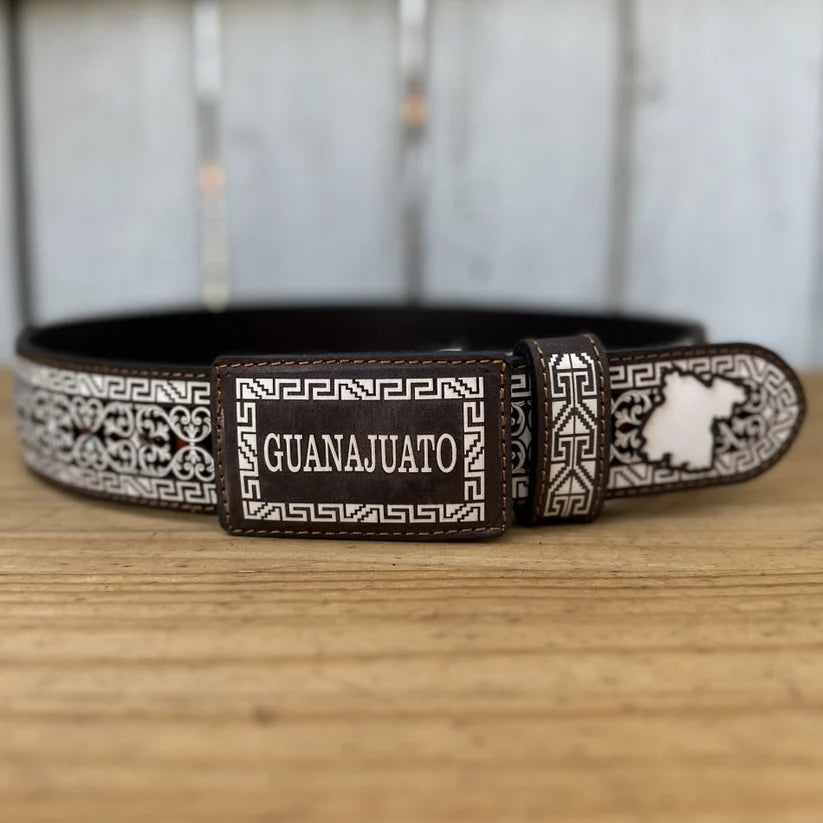 Laser Cut Leather Guanajuato Western Belt with Removable Buckle - Brown