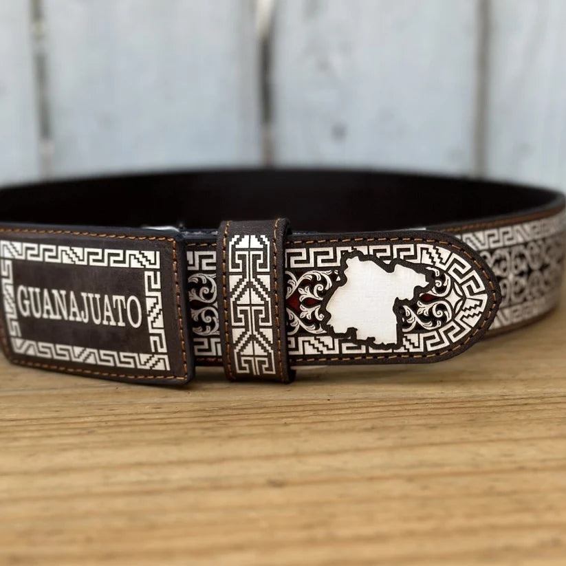 Laser Cut Leather Guanajuato Western Belt with Removable Buckle - Brown