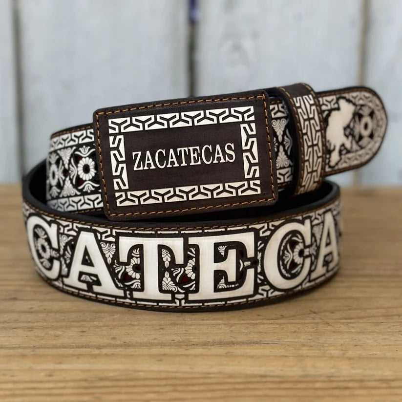 Laser Cut Leather Zacatecas Western Belt with Removable Buckle - Brown