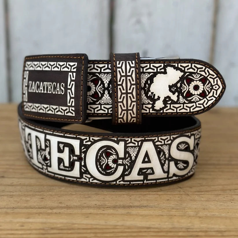 Laser Cut Leather Zacatecas Western Belt with Removable Buckle - Brown