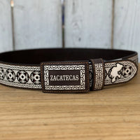 Laser Cut Leather Zacatecas Western Belt with Removable Buckle - Brown