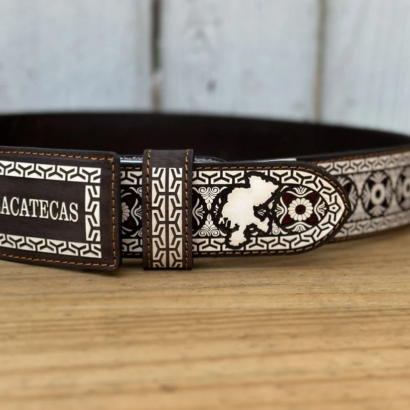Laser Cut Leather Zacatecas Western Belt with Removable Buckle - Brown