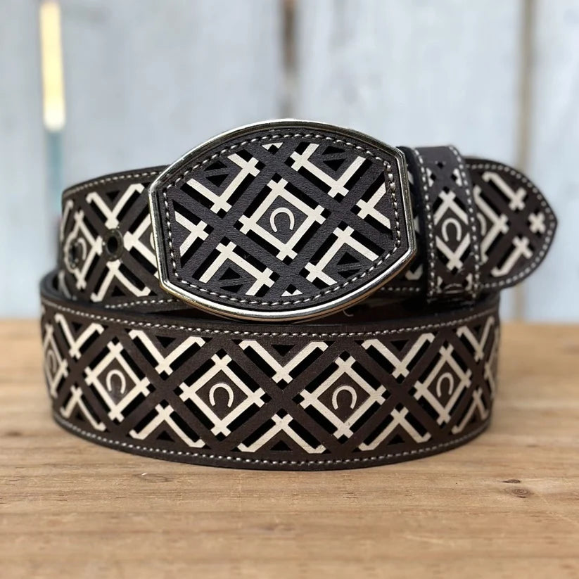 Laser Cut Leather Horseshoe Western Belt with Removable Buckle - Brown